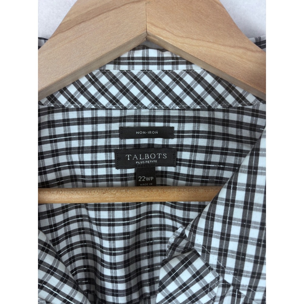 TALBOTS Gingham Tunic Shirt 22WP Black White Metallic Plaid Non-Iron Plus Petite - Picture 2 of 7